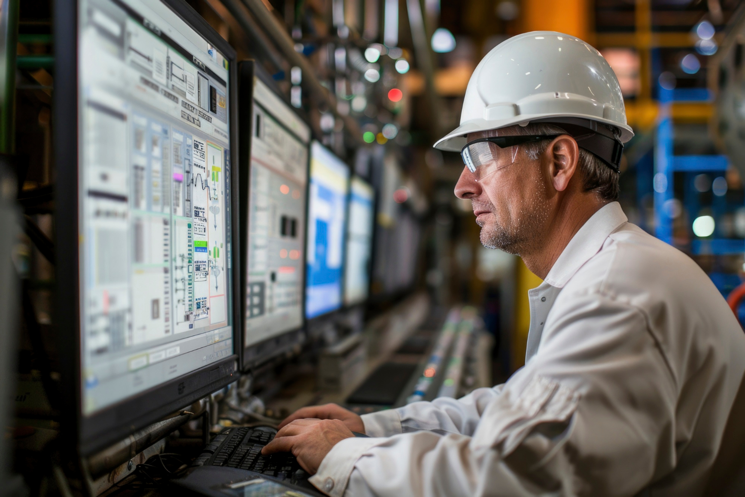 Monitorização da produção industrial em ambiente fabril com operador a analisar dados