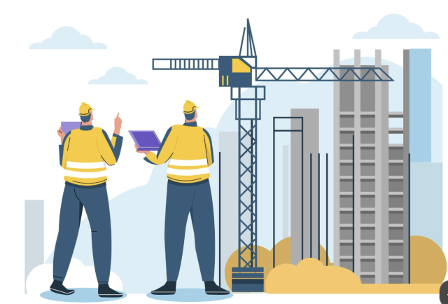 Ilustração de dois técnicos de obra a acompanhar a construção de um edifício com computadores portáteis